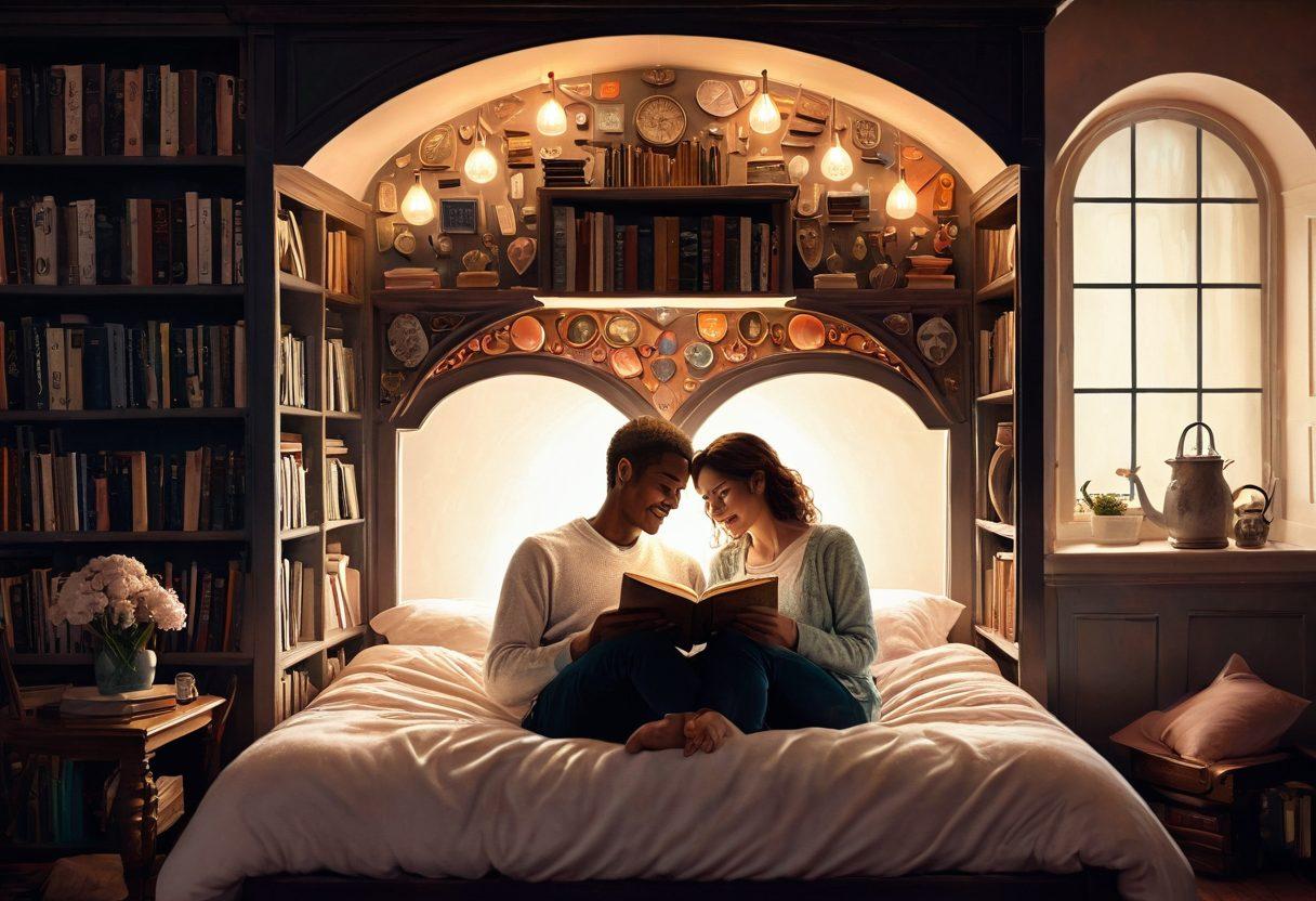 A cozy, romantic setting featuring a couple reading fanfiction together, surrounded by whimsical heart-shaped elements and symbols of protection, like shields and umbrellas. The background showcases an enchanted bookshelf filled with love stories and fantasy titles, while soft lighting creates an intimate atmosphere. The couple shares a warm smile, evoking feelings of love and safety. pastel colors. dreamy style. 