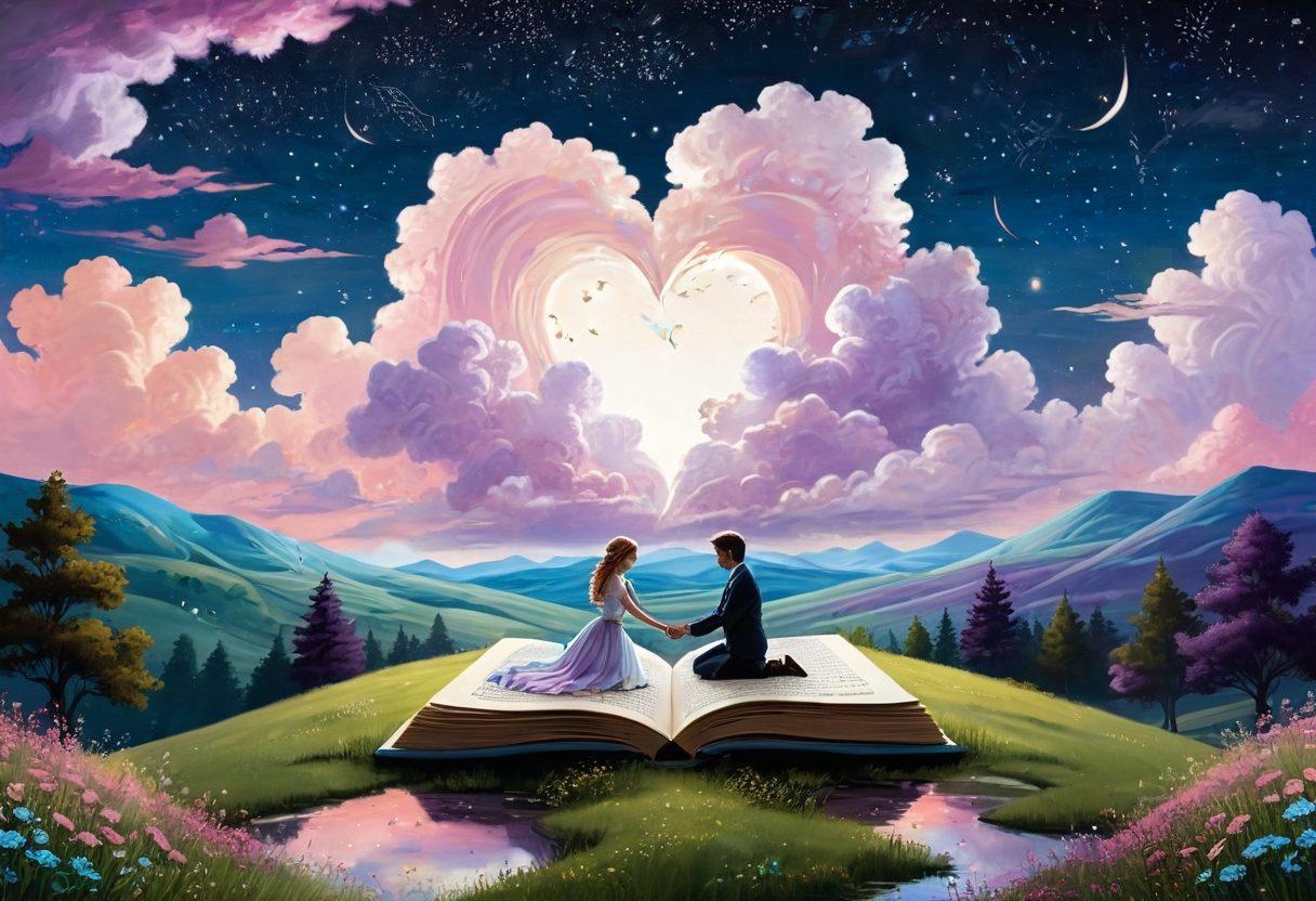An enchanting blend of a romantic fantasy novel and a legal document, featuring a whimsical landscape of books and love letters under a starlit sky. In the foreground, a couple exchanges heartfelt vows surrounded by symbols of protection, like shields and soft clouds. Incorporate elements of fanfiction, such as quirky character sketches and plot twists floating around. The colors should be vivid and dreamy to evoke a sense of romance and imagination. vibrant colors. fantasy style.