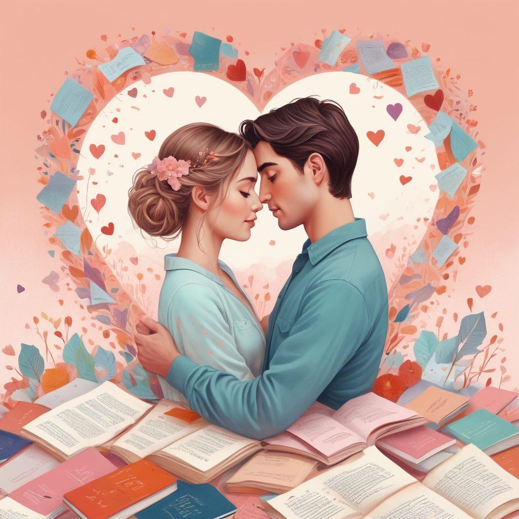 A whimsical illustration of a couple intertwined in a heart-shaped embrace while surrounded by insurance documents and romantic fanfiction books. Subtle emotional expressions on their faces reflecting affection and vulnerability. A dreamy backdrop featuring soft pastel colors and floating hearts, symbolizing love and security. Elements like quills and inkpots represent storytelling. Illustration style: vibrant colors. vector art.